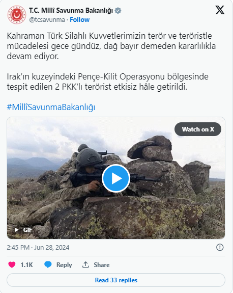Irak'ın Kuzeyinde 2 PKK'lı Terörist Etkisiz Hale Getirildi