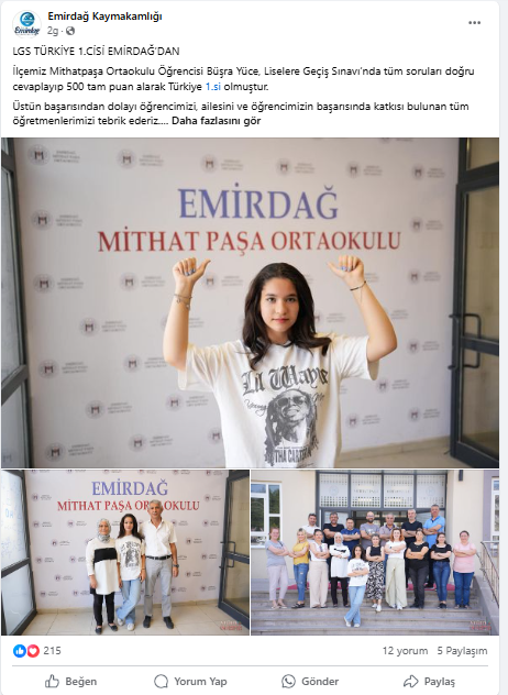 Kaymakam Bilici, LGS Şampiyonunu Tebrik Etti