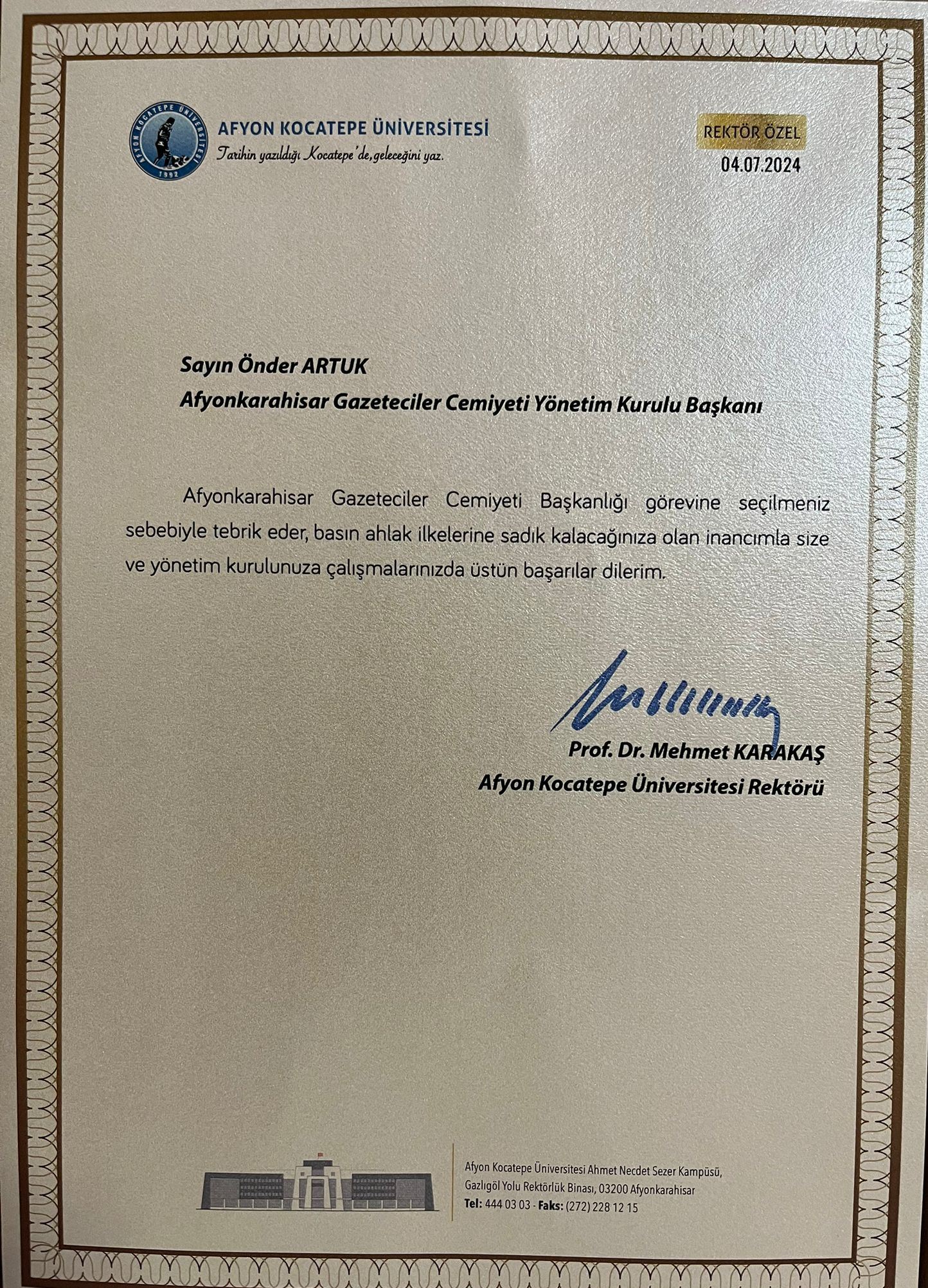 REKTÖR PROF.DR. KARAKAŞ'TAN AGC BAŞKANI ARTUK'A TEBRİK