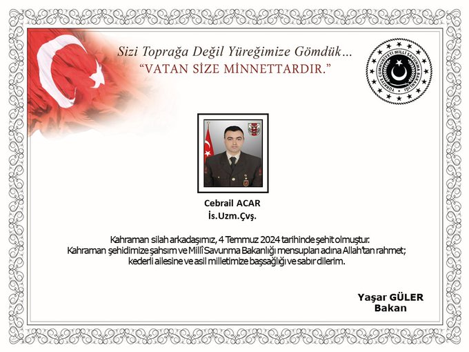 Pençe-Kilit Operasyonu Bölgesinde Bir Askerimiz Şehit Oldu