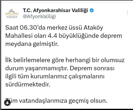 Afyon Valiliği’nden Depreme Dair Açıklama: Olumsuz Bir Durum Yok!