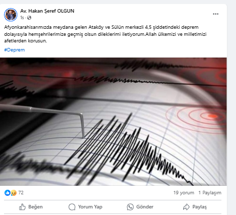 Milletvekili Olgun Afyonkarahisar'da Deprem Sonrası Mesaj Yayınladı