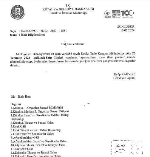 Kütahya Belediye Başkanlığı Emlak Ve İstimlak Müdürlüğü Duyurdu!