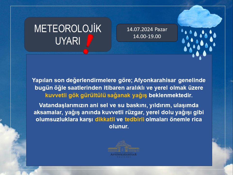 Afyonkarahisar Valiliği Uyardı!  Kuvvetli gökgürültülü sağanak yağış bekleniyor