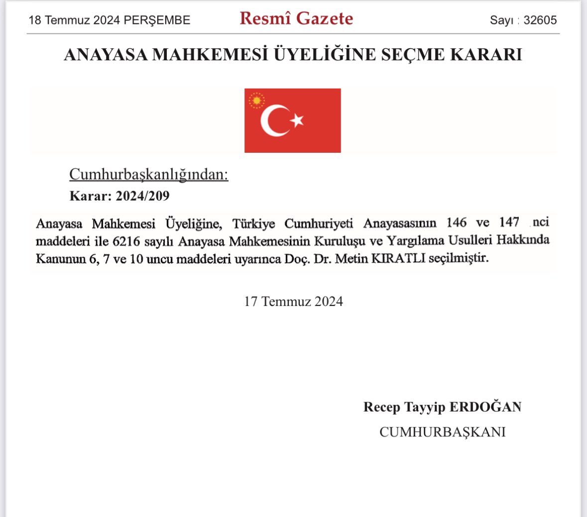Son Dakika  Anayasa Mahkemesi üyeliğine Kıratlı seçildi