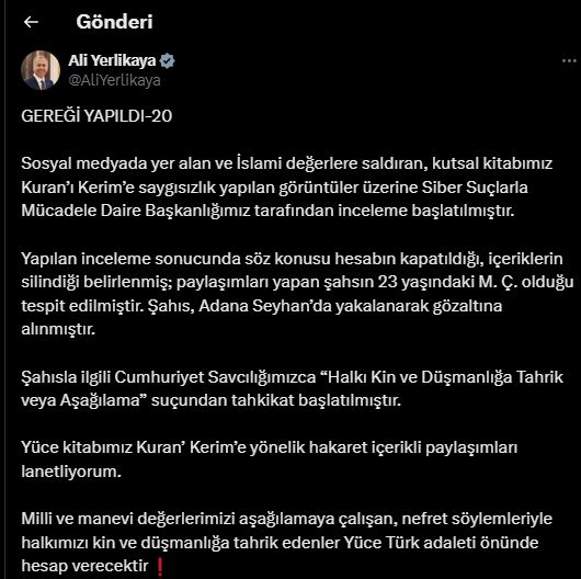 BAKAN YERLİKAYA PAYLAŞTI GEREĞİ YAPILDI-20 OPRASYONU   GERÇEKLEŞTİRİLDİ