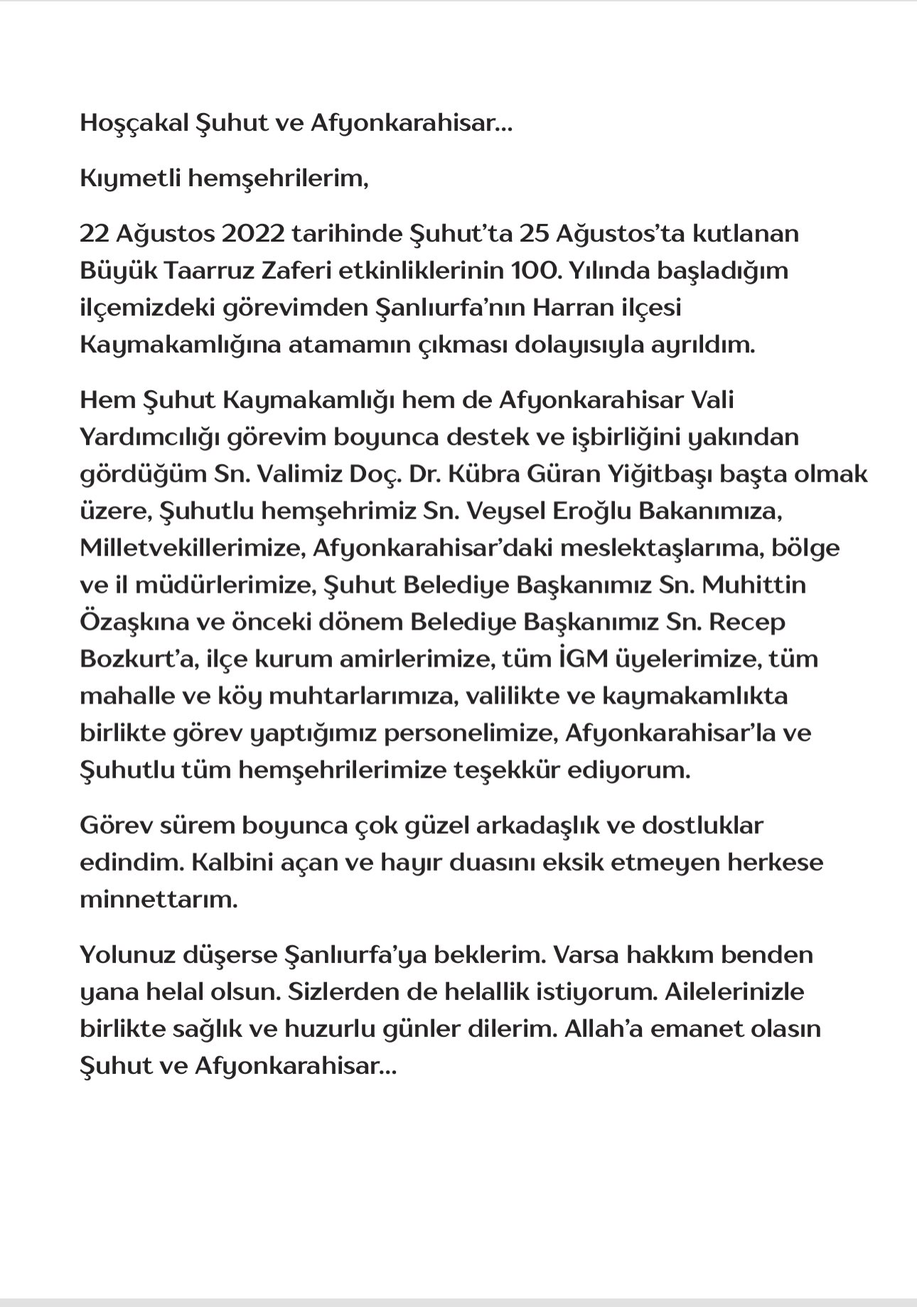 KAYMAKAM HAN'DAN VEDA MESAJI