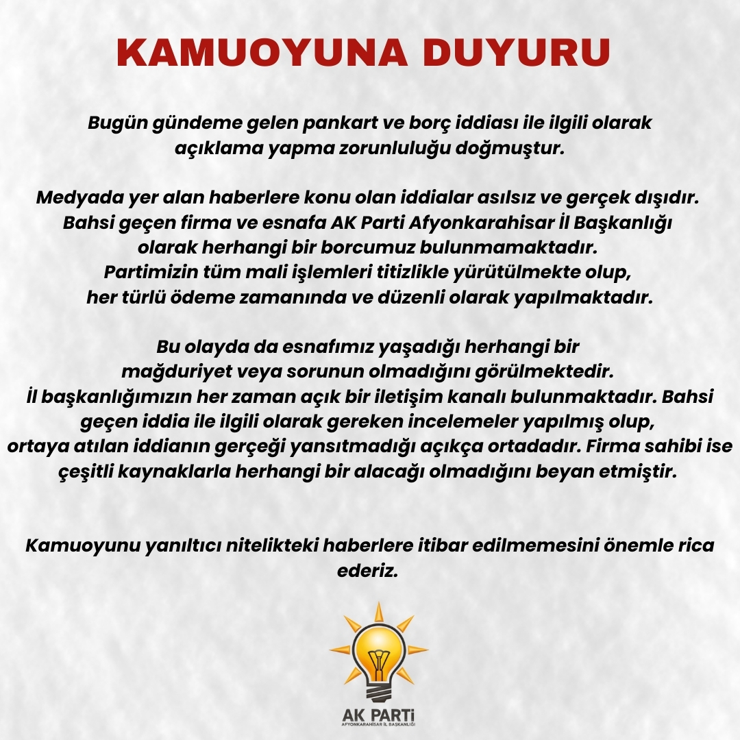 AK Parti'den Açıklama Geldi ''Bahsi Geçen Firmaya ve Esnafa Borcumuz Yok''