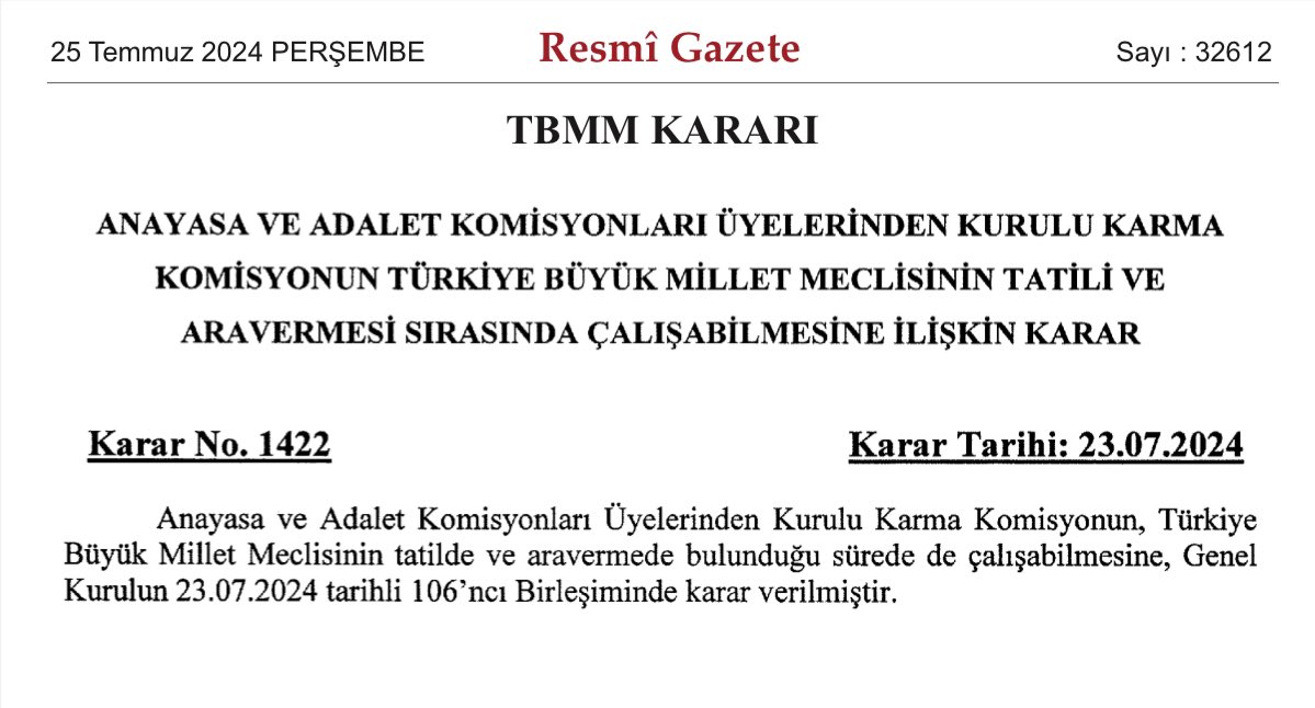 Son Dakika Resmi Gazetede Yayınlandı TBMM'de Bu Komisyonlara Tatil Yok