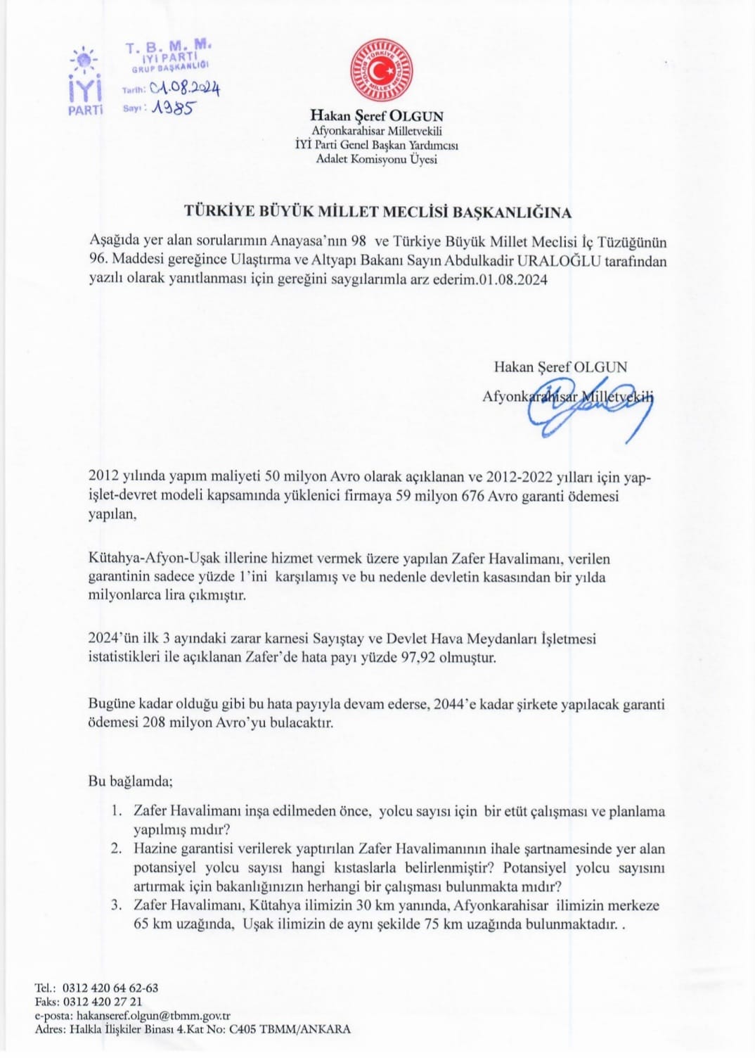 İYİ Partili Olgun’un Gündemi Zafer Havalimanı Oldu