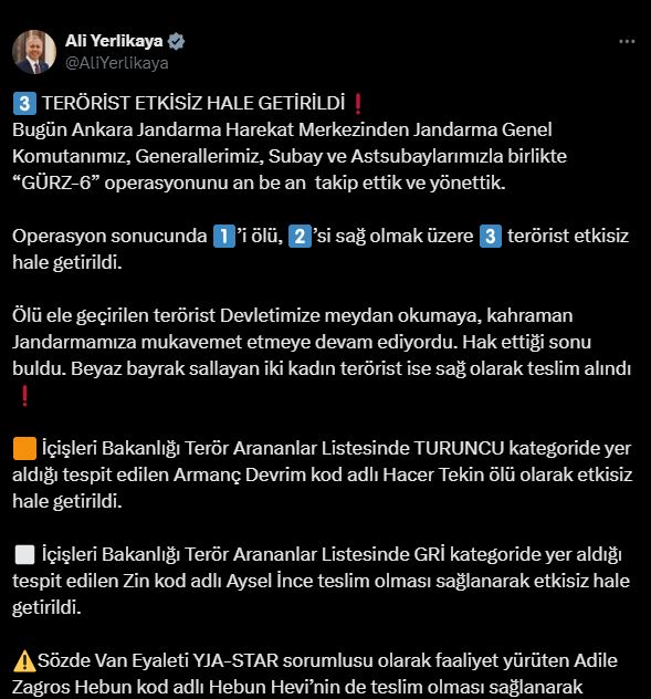 BAKAN YERLİKAYA GÜRZ-6 OPERASYONU İLE İLGİLİ BİLGİLERİ PAYLAŞTI