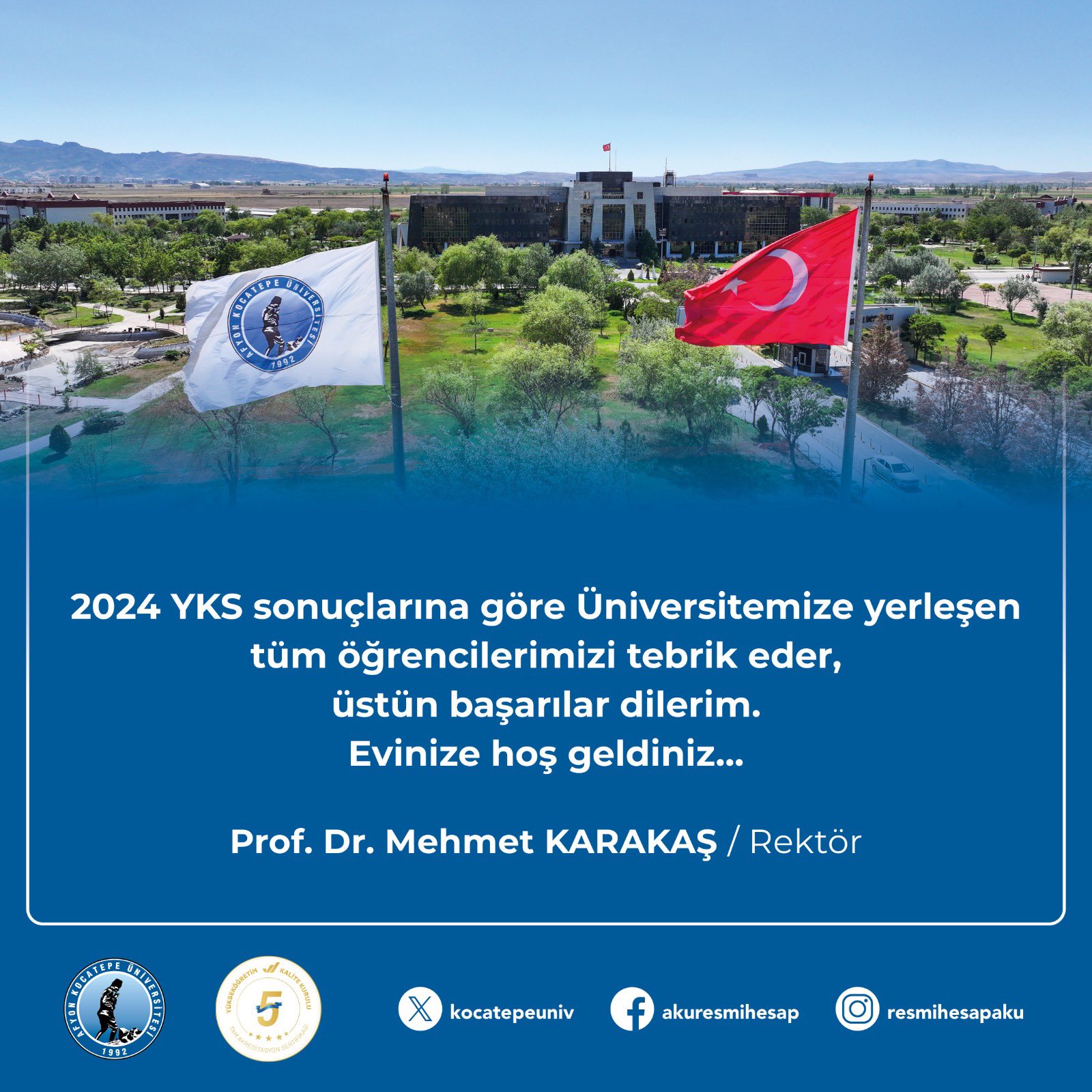 Rektörü Karakaş'tan Akü ’nün Yeni Öğrencilerine Tebrik