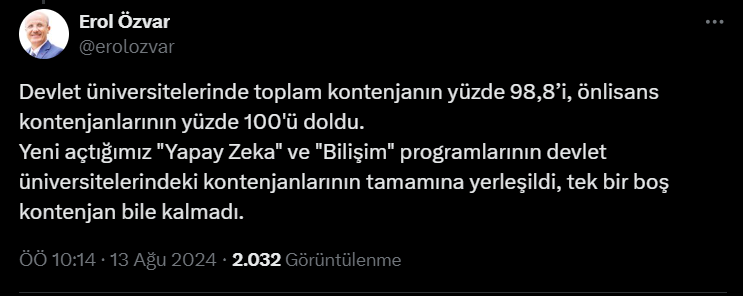 YÖK Başkanı Özvar, “Tek Bir Boş Kontenjan Bile Kalmadı!”