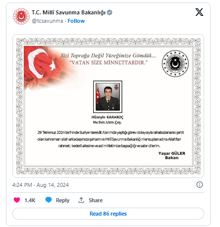 Suriye Harekât Alanında Rahatsızlanan Asker Şehit Oldu