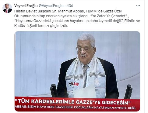 Eski Bakan Eroğlu’ndan Filistin’e Destek Paylaşımı