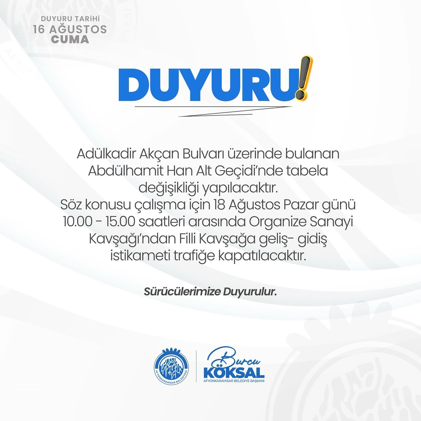 BELEDİYE'DEN ÖNEMLİ DUYURU!