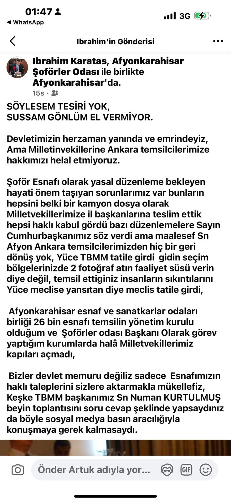 ŞOFÖRLER ODASI BAŞKANI KARATAŞ' TAN SİTEM!