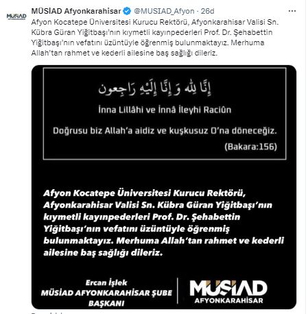 MÜSİAD Afyon Şubesi’nden Taziye Mesajı Yayınlandı