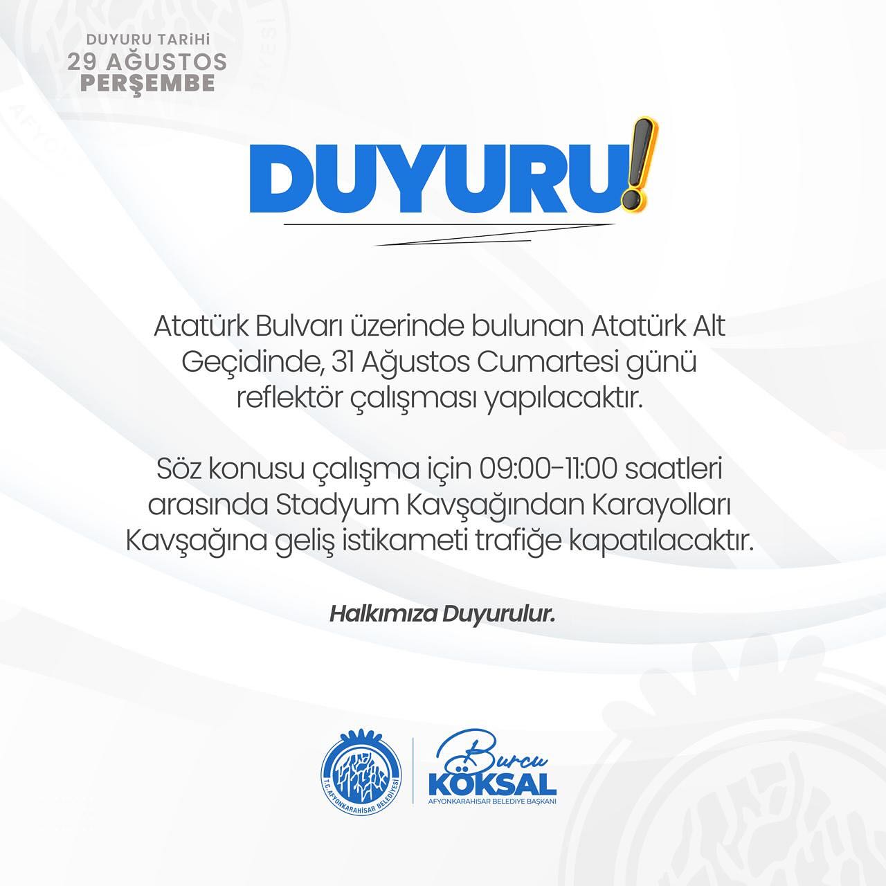 AFYONLULAR DİKKAT AFYON'UN EN İŞLEK ALT GEÇİDİ YARIN KAPALI OLACAK