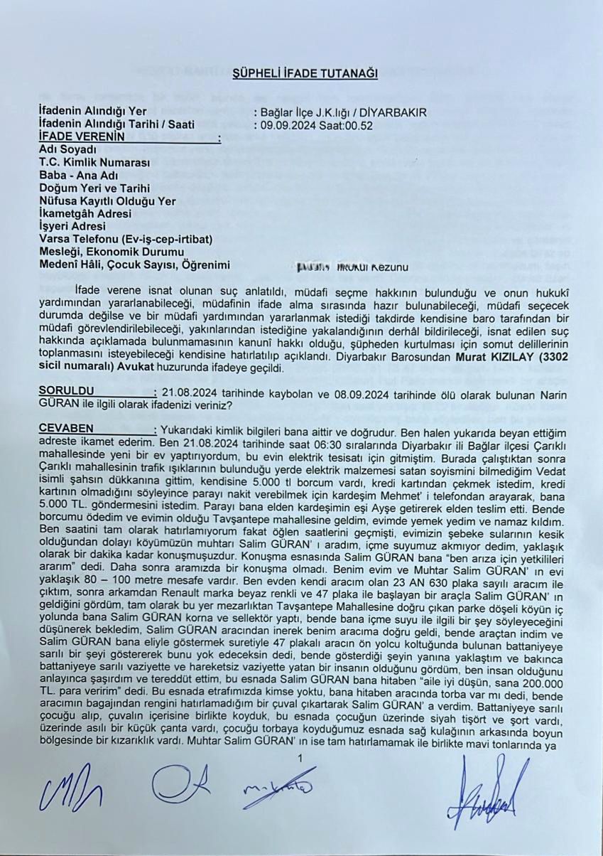 NARİN CİNAYETİNDE İTİRAFÇININ İFADE TUTANAĞI ORTAYA ÇIKTI