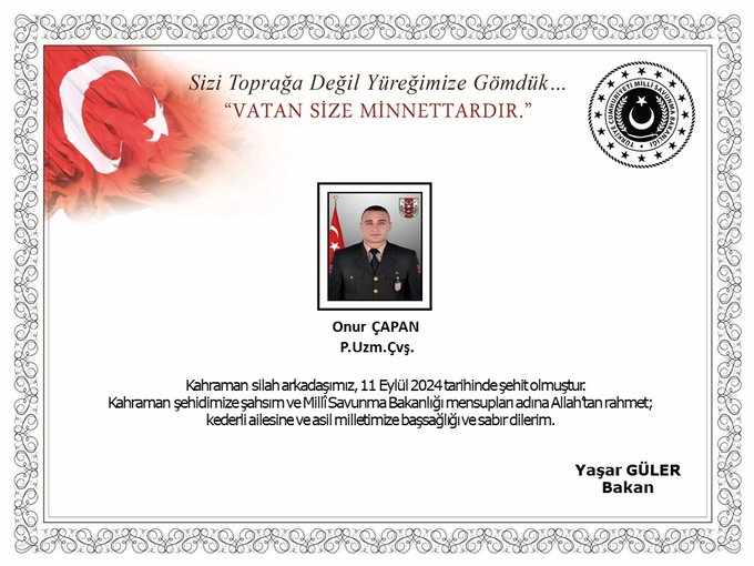 MSB'den Şehit Onur Çapan İçin Taziye Mesajı Yayınlandı