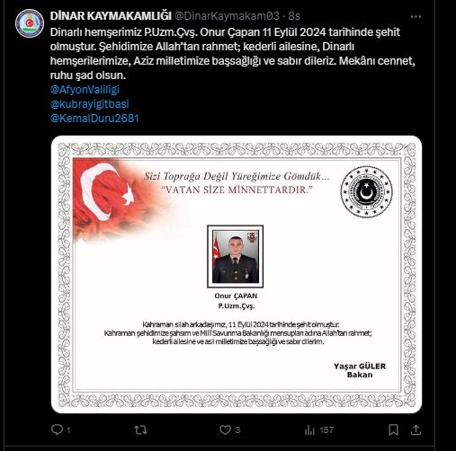 DİNAR KAYMAKAMLIĞINDAN TAZİYE MESAJI