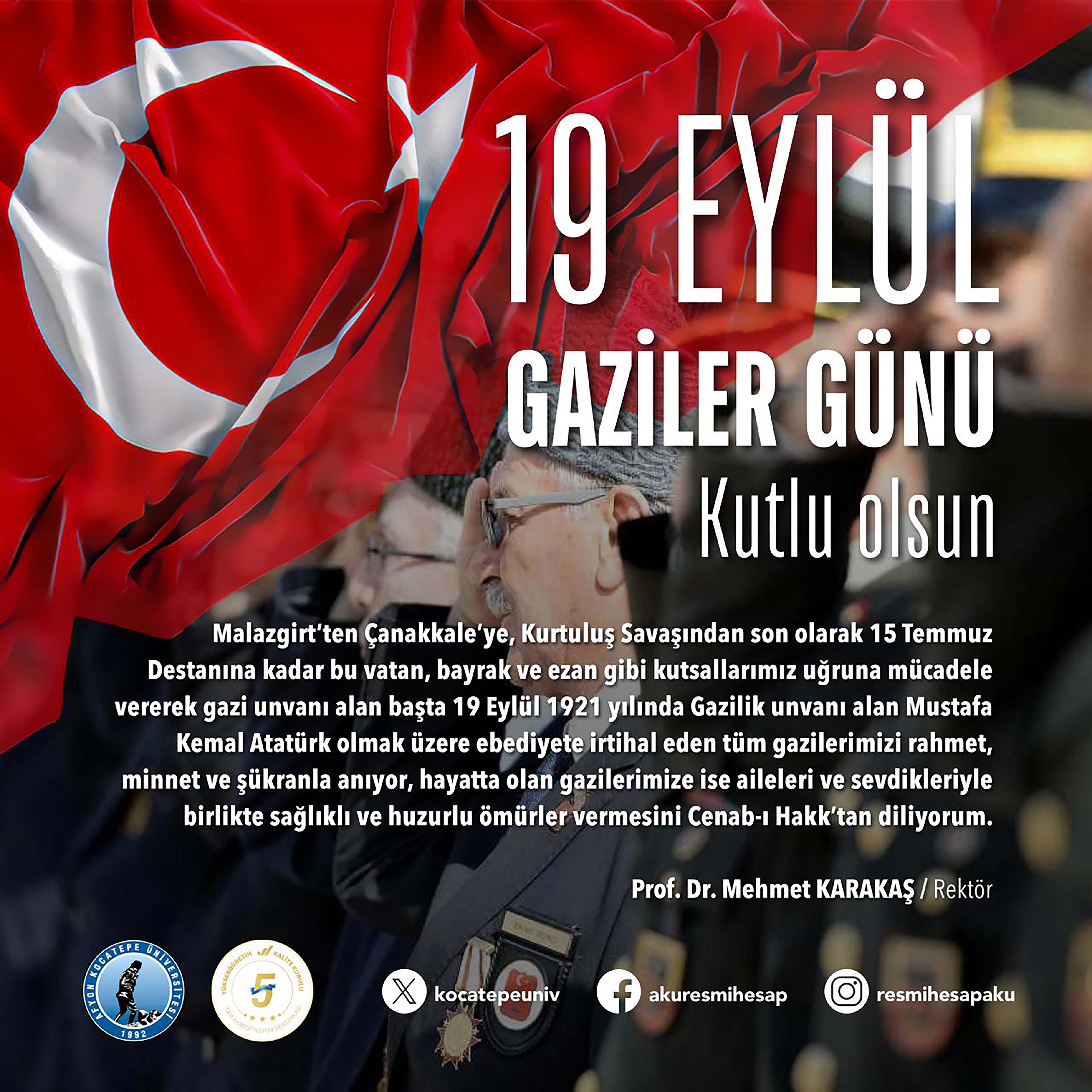 Rektör Karakaş’tan 19 Eylül Gaziler Günü Mesajı
