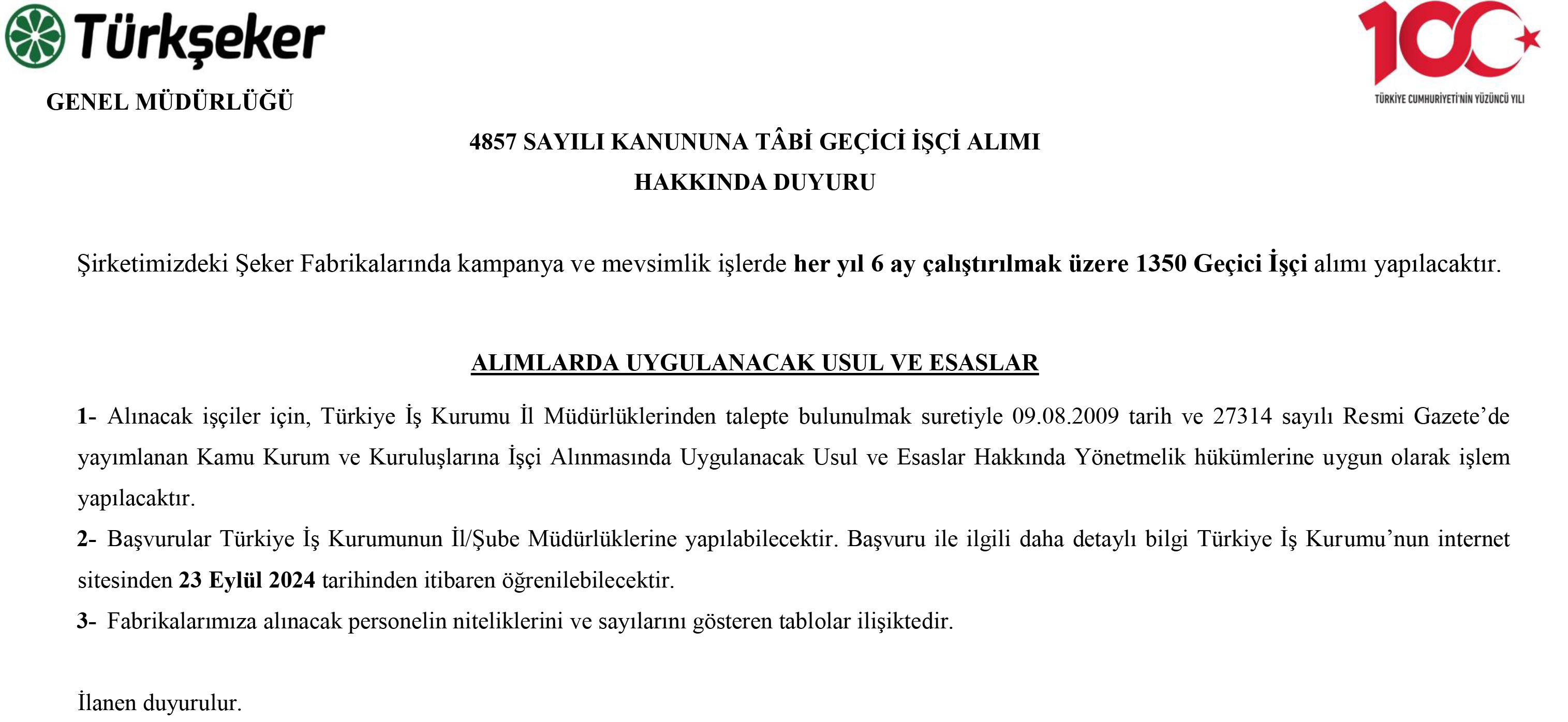 Türkşeker 1350 Geçici İşçi Alımı Yapacak!