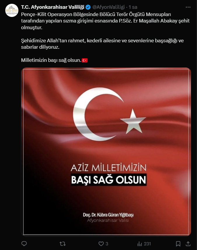 AFYONKARAHİSAR VALİLİĞİ’NDEN ŞEHİT PİYADE SÖZLEŞMELİ ER MAŞALLAH ABAKAY İÇİN TAZİYE MESAJI