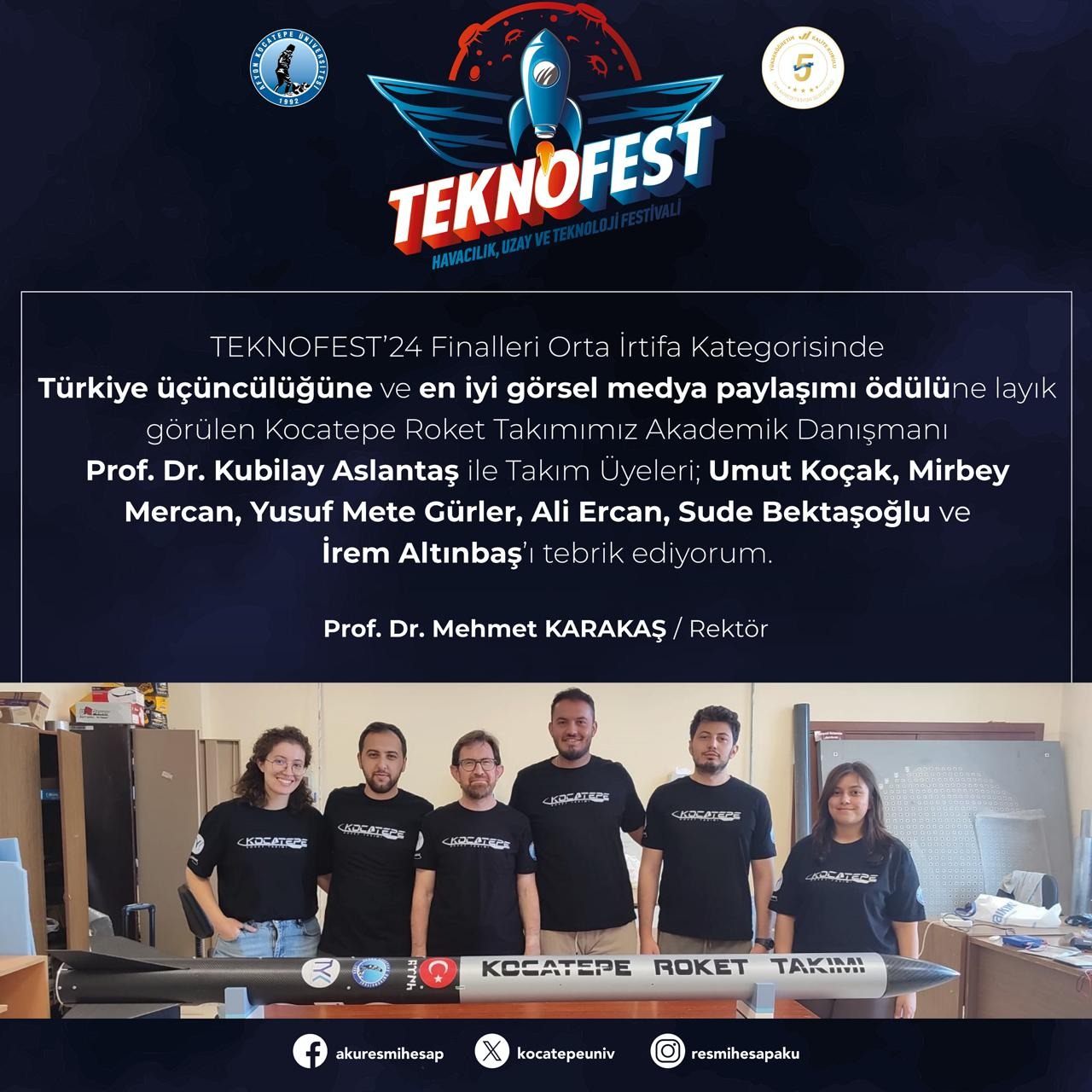 REKTÖR KARAKAŞ ROKET TAKIMINI TEBRİK ETTİ
