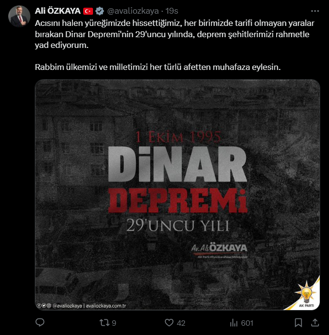 Milletvekili Özkaya, Dinar Depremi'nin 29. Yıl Dönümünde Deprem Şehitlerini Andı