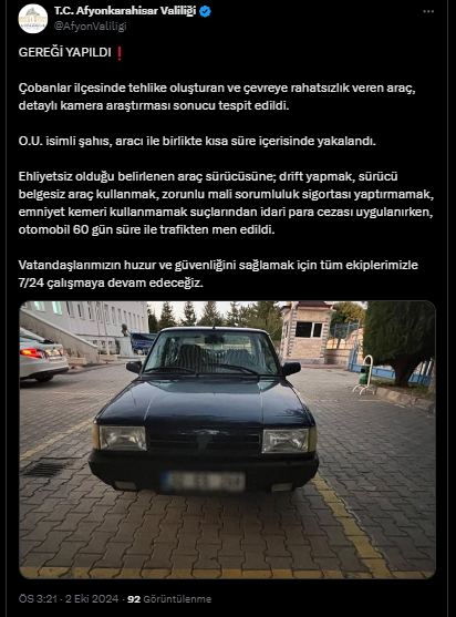 Afyonkarahisar'da Drift Yapan Sürücüye Cezai İşlem