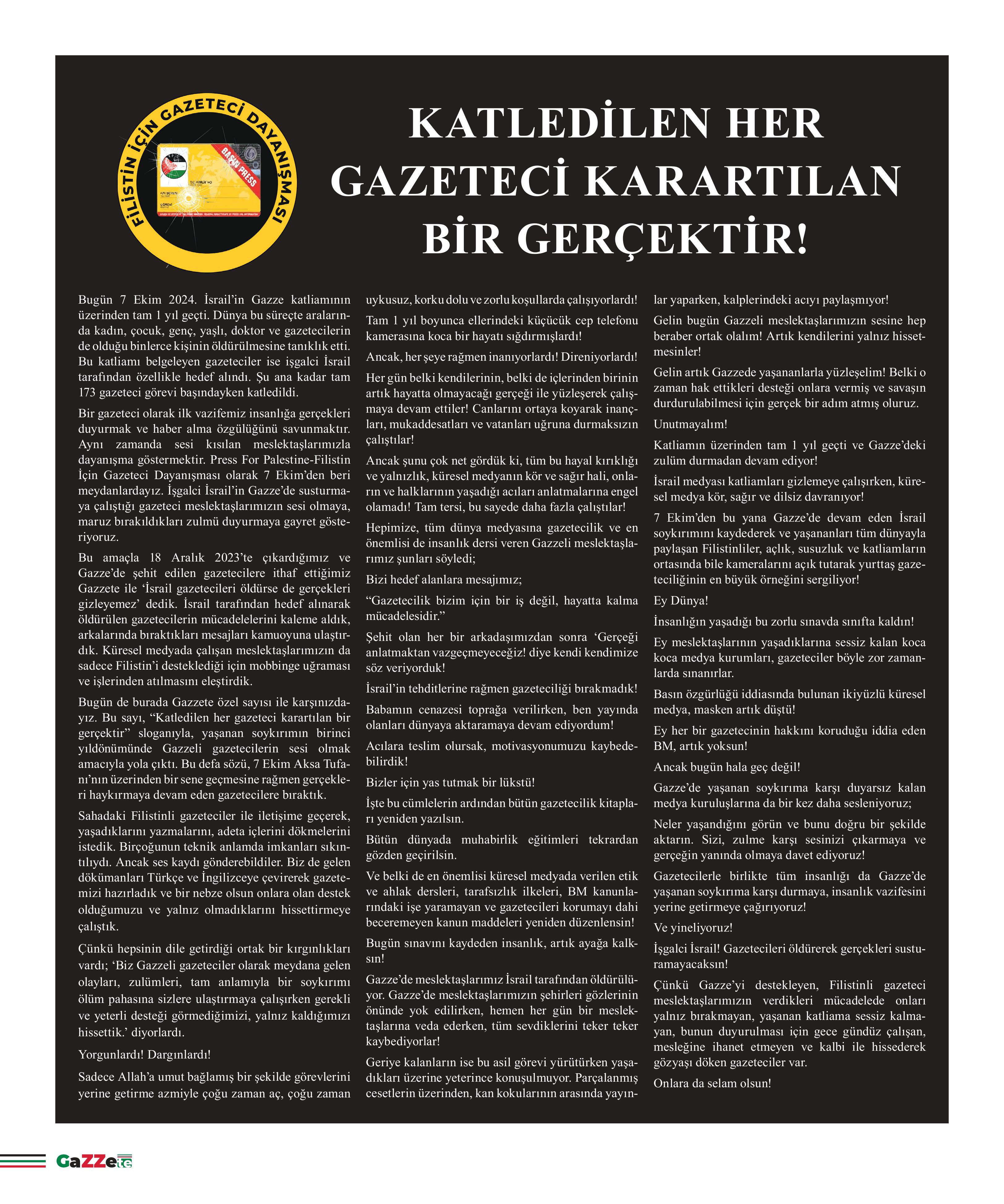 Gazze'de hayatına kaybeden gazetecilerin anısına gazete basıldı