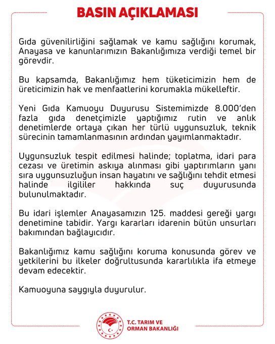TARIM VE ORMAN BAKANLIĞI'NDAN 'GIDA GÜVENLİĞİ' AÇIKLAMASI