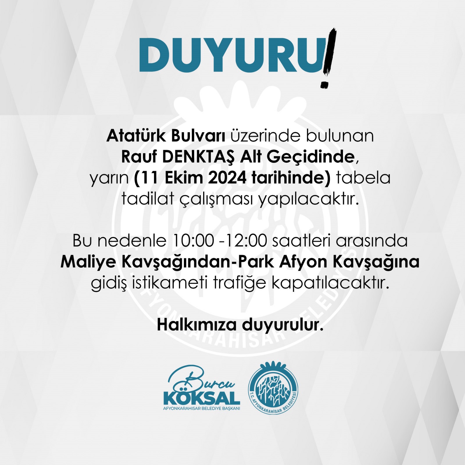 Afyonkarahisar Belediyesi Duyurdu: Yarın Bu Yol Kapalı Olacak!