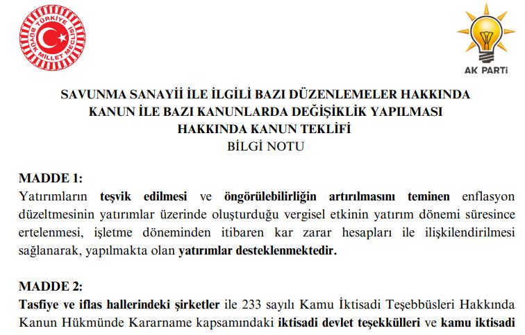 AK PARTİ, SAVUNMA SANAYİSİ VE EKONOMİYE İLİŞKİN KANUN TEKLİFİNİ TBMM BAŞKANLIĞINA SUNDU