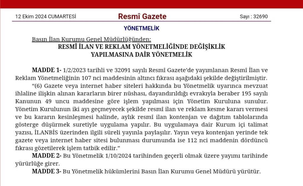 RESMİ İLAN VE REKLAM YÖNETMELİĞİNDE DEĞİŞİKLİK YAPILMASINA DAİR YÖNETMELİK!