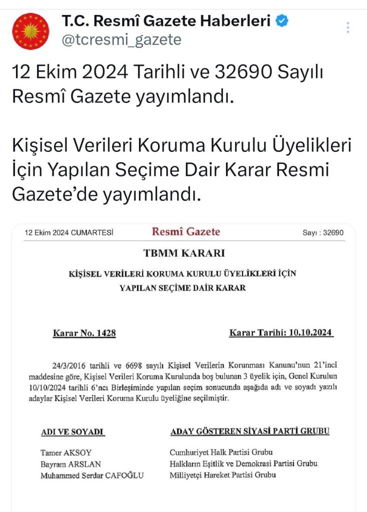 KİŞİSEL VERİLERİ KORUMA KURULU ÜYELİKLERİ İÇİN YAPILAN SEÇİME DAİR KARAR!