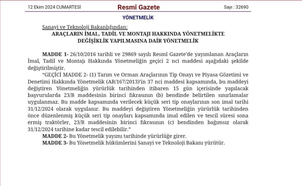 ARAÇLARIN İMAL, TADİL VE MONTAJI HAKKINDA YÖNETMELİKTE DEĞİŞİKLİK!
