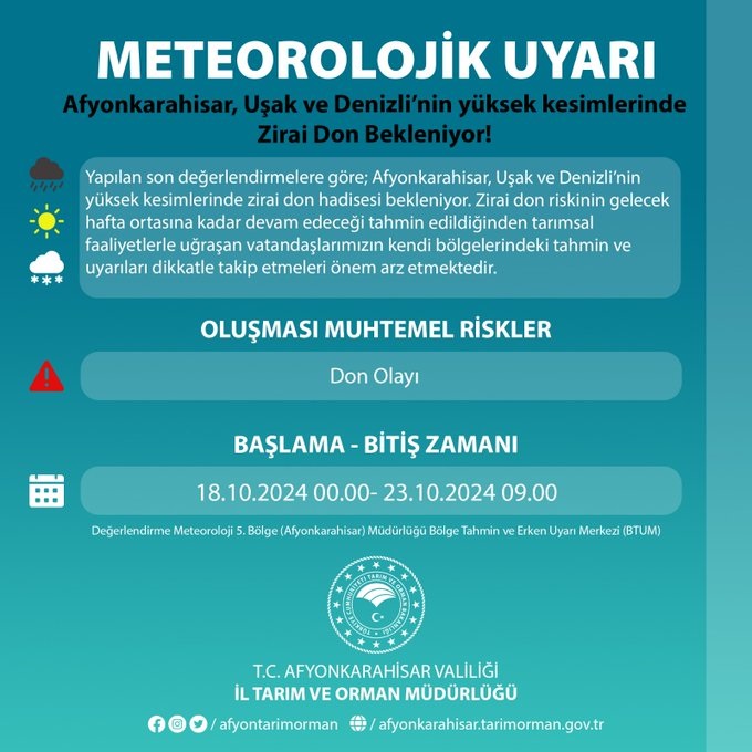 AFYONKARAHİSAR İL TARIM VE ORMAN MÜDÜRLÜĞÜ’NDEN METOROLOJİK UYARI