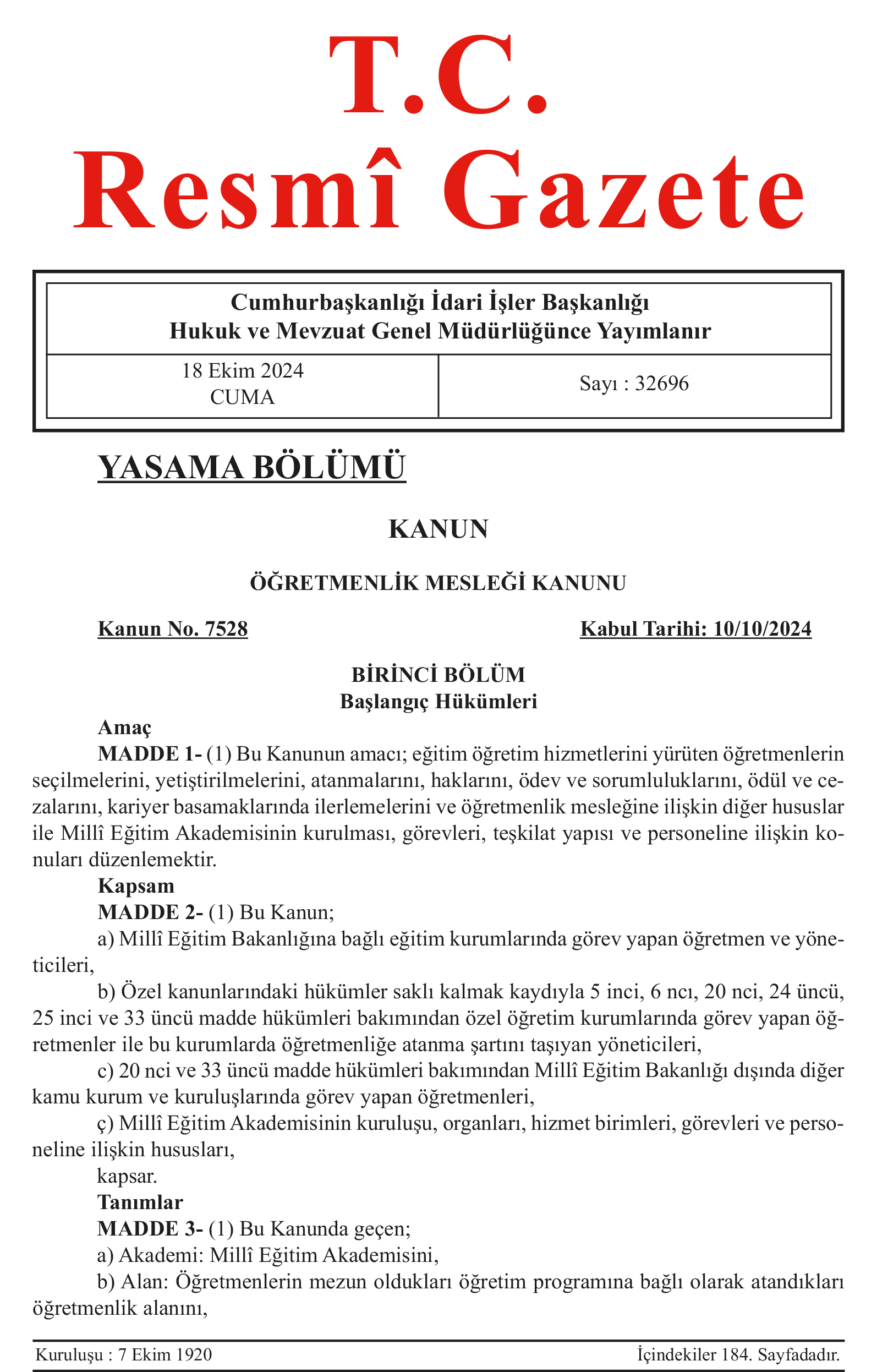 Öğretmenlik Meslek Kanunu Resmi Gazete’de Yayımlandı