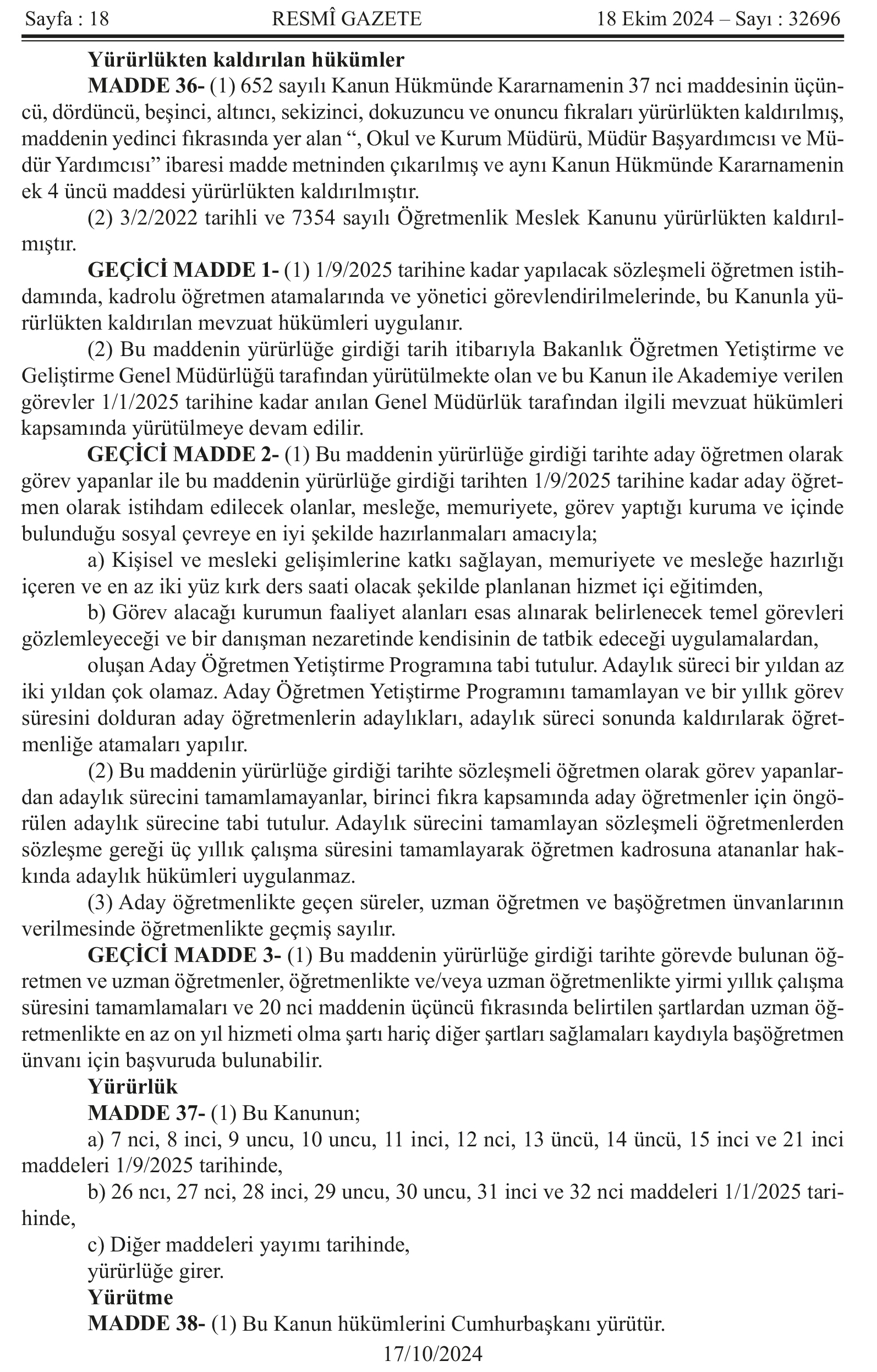 Öğretmenlik Meslek Kanunu Resmi Gazete’de Yayımlandı