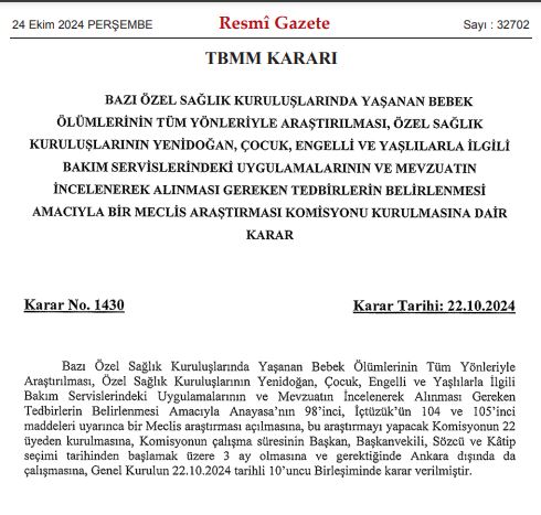 TBMM’de Araştırma Komisyonu Kurulacak Karar Resmi Gazete’de Yayınlandı