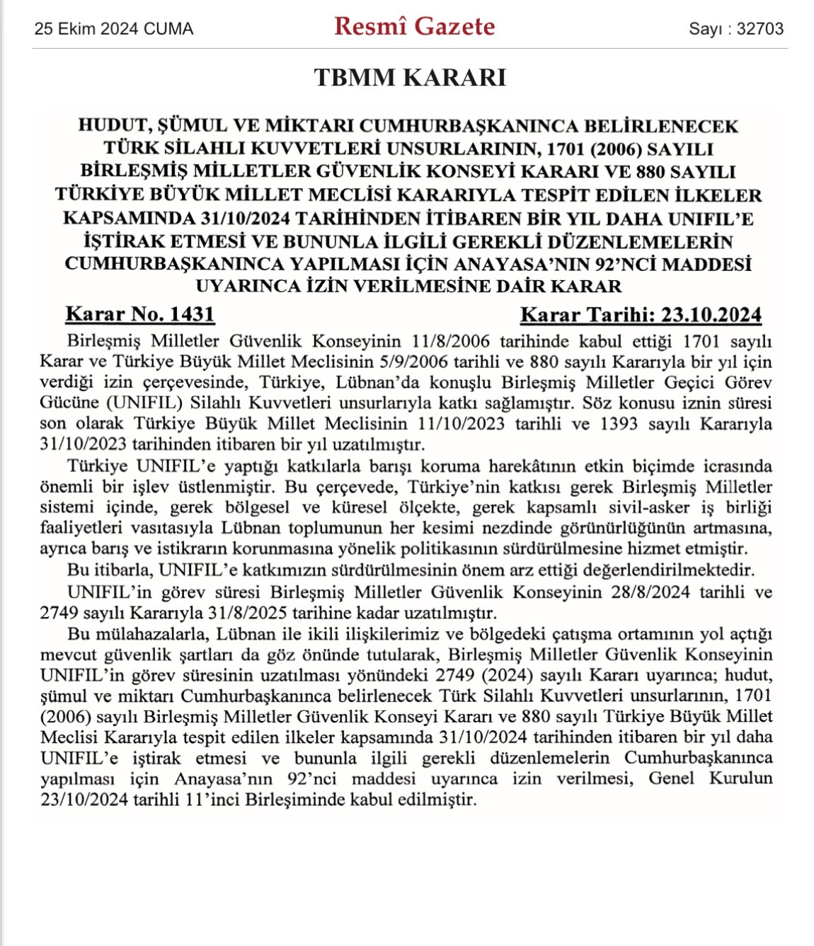 TSK'nın UNIFIL Görev Süresi Bir Yıl Daha Uzatıldı!