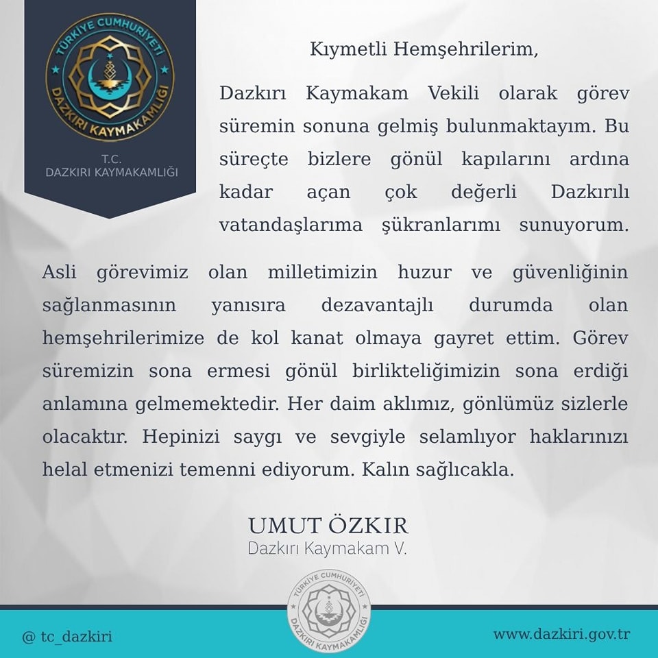 Dazkırı’da Kaymakamlık Görevini Tamamlayan Özkır Veda Mesajı Yayınladı