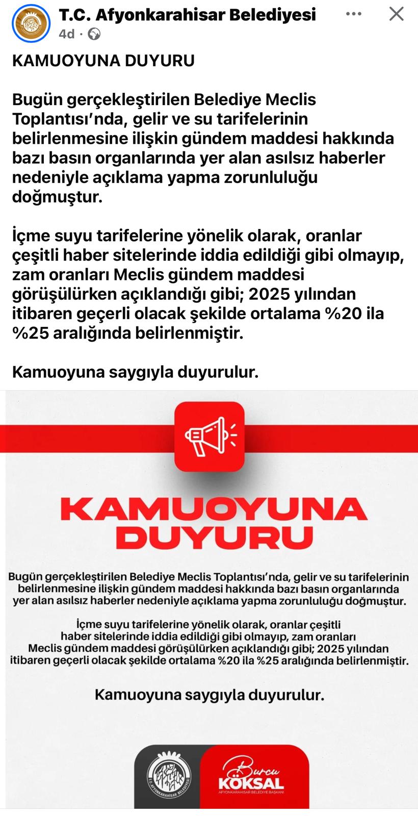 Afyonkarahisar Belediyesi’nden Su Tarifeleri Hakkında Açıklama