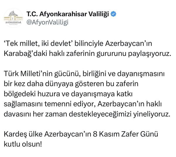 AFYONKARAHİSAR VALİLİĞİNDEN KARABAĞ ZAFERİ MESAJI!