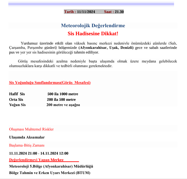 AFYONKARAHİSAR VALİLİĞİ'NDEN SİS UYARISI