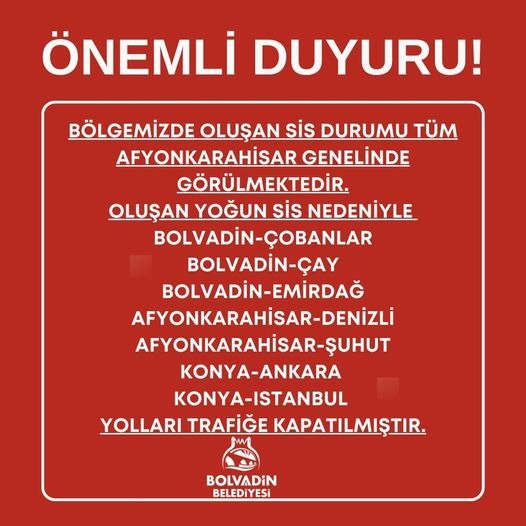 BOLVADİN BELEDİYESİNDEN SİS UYARISI!