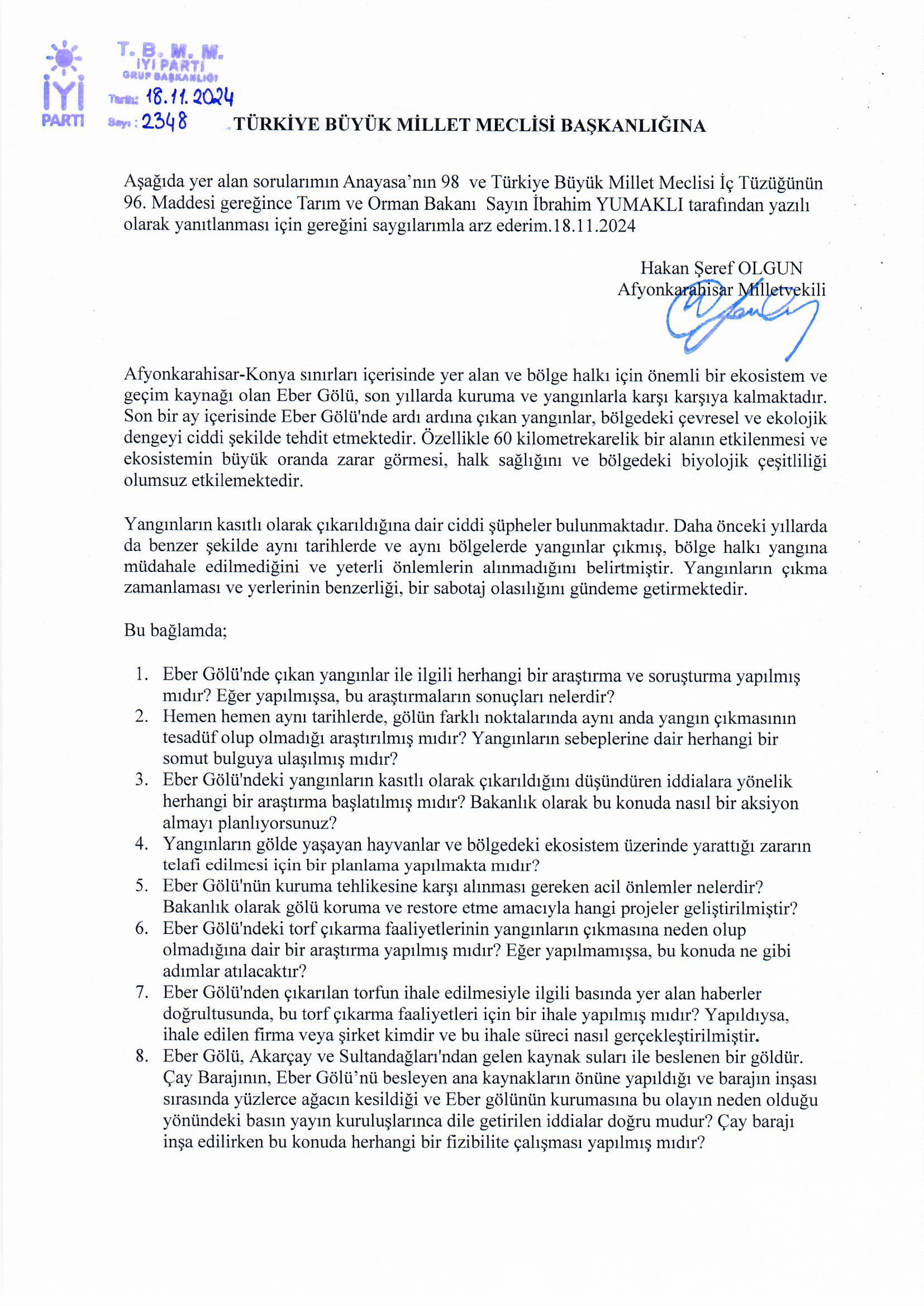 Milletvekili Olgun, Eber Gölü Hakkında Bakan Yumaklı'ya Soru Önergesi Verdi